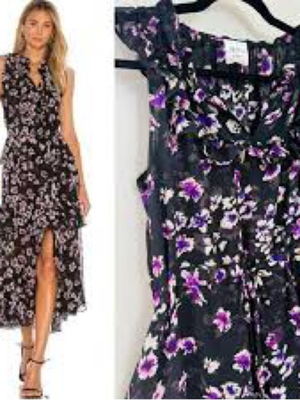 MISA Floral Ruffle Midi Dress - Black with Purple Floral